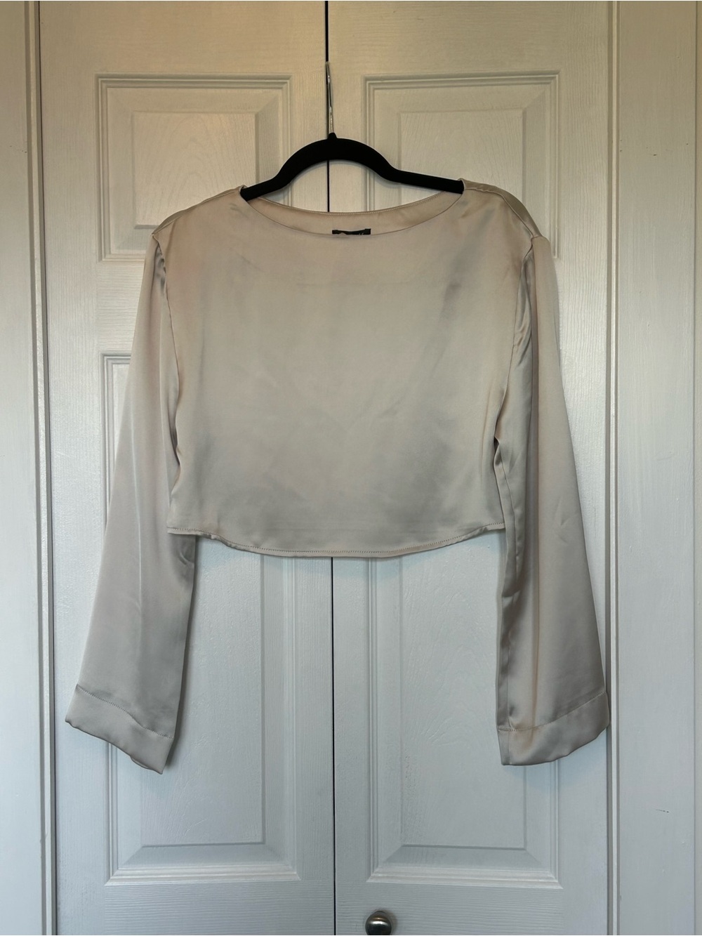 Dynamite Gianna XXS Satin Beige Cream Long-Sleeve Crop Top - Picture 2 of 4